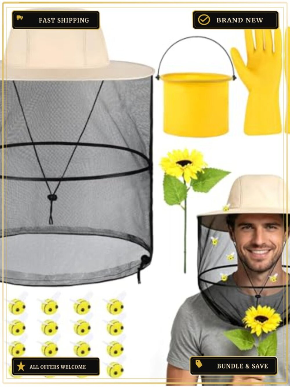 Adult Beekeeper Costume Set Hat Gloves Basket Plush Bees Halloween Cosplay
